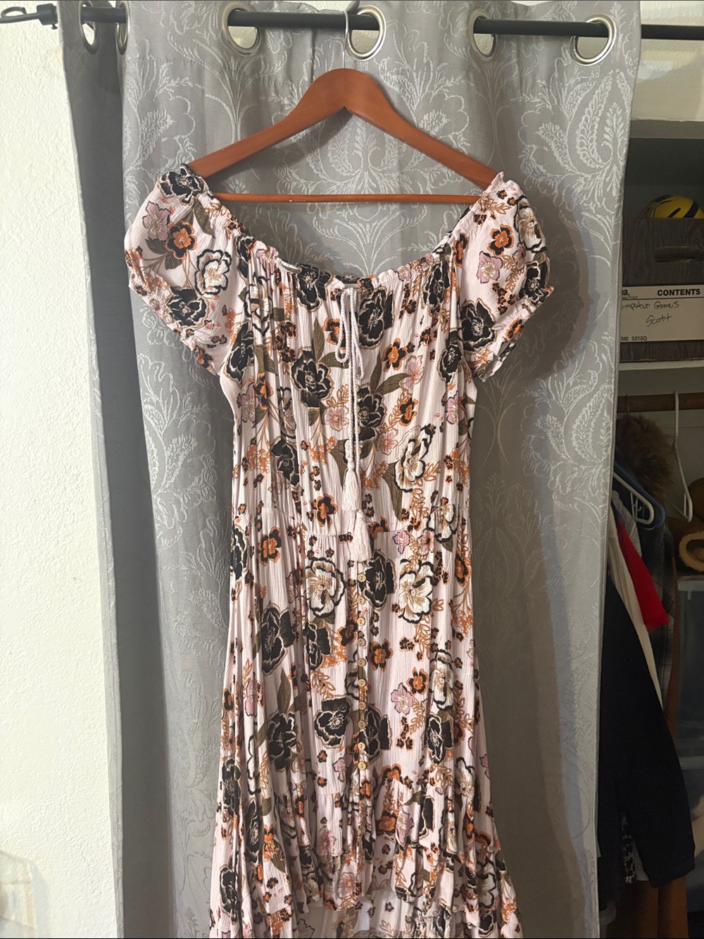 Shyanne Blush Pink Floral Off-Shoulder Midi Dress with Brown Floral Accents